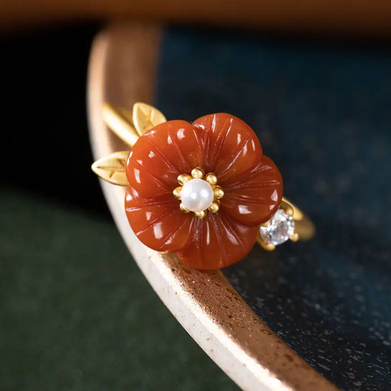 Red Natural Jade Flower Rings Luxury Stone Adjustable Ring Fashion Accessories Talismans Real Jewelry Lucky