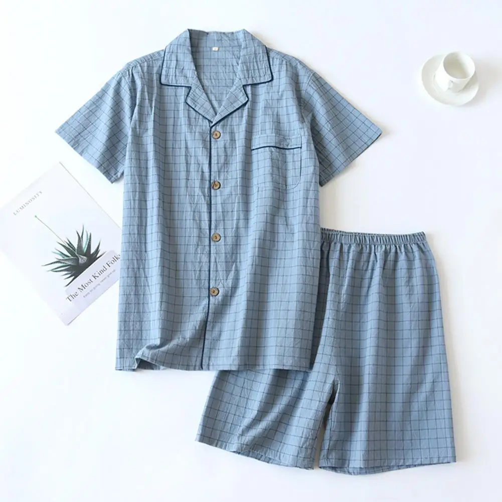 Men Pajama Set Soft Short Sleeve Casual Thin Comfortable Sleeping Wear Cotton Grid Print Men Homewear Sleepwear Pijama Hombre 잠옷