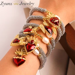 5PCS, Gold Color Red Heart Enamel Cubic Zirconia Pendant Pearl Silver Flower Beads Bracelet Accessory  Charm For Women Men Gift