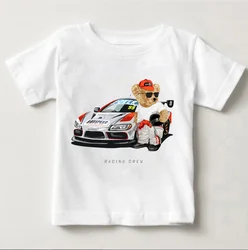 Cute Bear Riding Car Print Boys And Girls White T-shirt Children's Summer Harajuku Kawaii Funny Baby Y2K Clothes