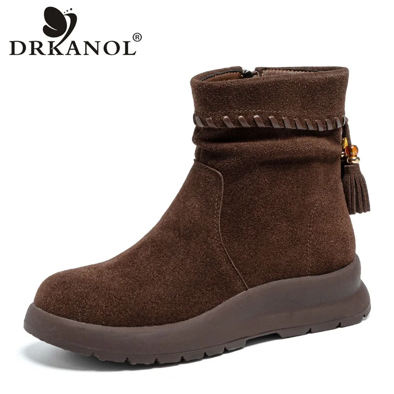 DRKANOL Handmade Retro Women Wedge Heel Boots Autumn Winter Chunky Platform Cow Suede Leather Tassel Plush Warm Ankle Snow Boots