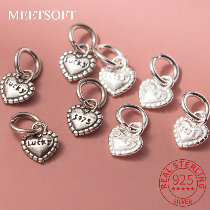 MEETSOFT S925 Sterling Silver Lucky English Heart Pendant Hanging Tag DIY Beaded Pendant Hand Woven Rope Material Accessories