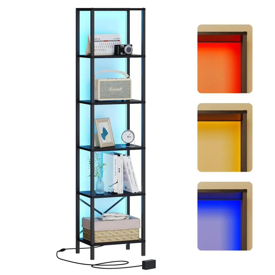 

Bookshelf, Tall Narrow Bookcase with LED Lights, Book Shelf with Steel Frame, Display Storage Shelf for Living Room, Bedroom, Ho