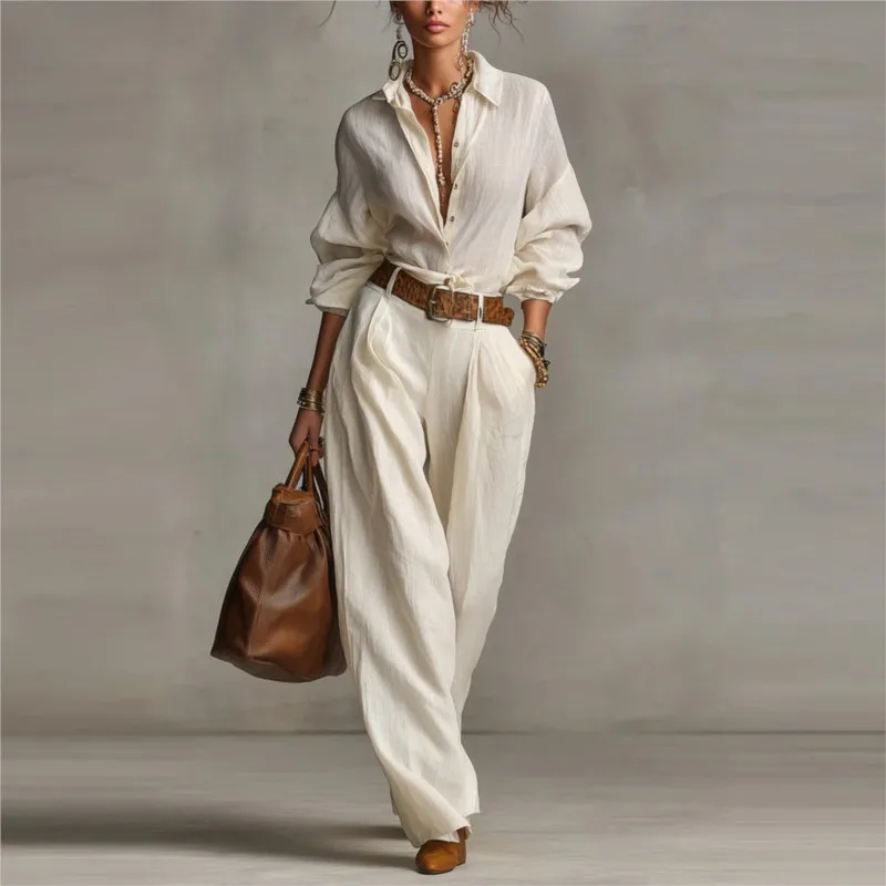 

2 Pieces Set For Woman Solid Color Elegant Casual Loose Fashion Long Sleeve Lapel Shirts Wide Leg Pants New In Matching Sets