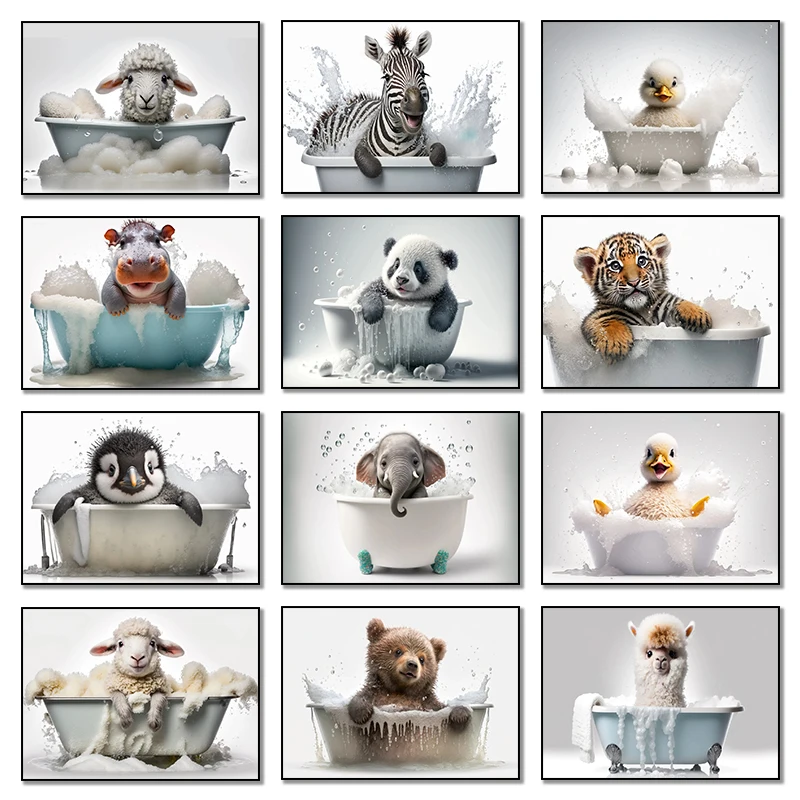 Cute Baby Lion Hippo in Bathtub Poster Funny Animals Prints Canvas Painting Bathroom Wall Art Picture for Living Room Home De
