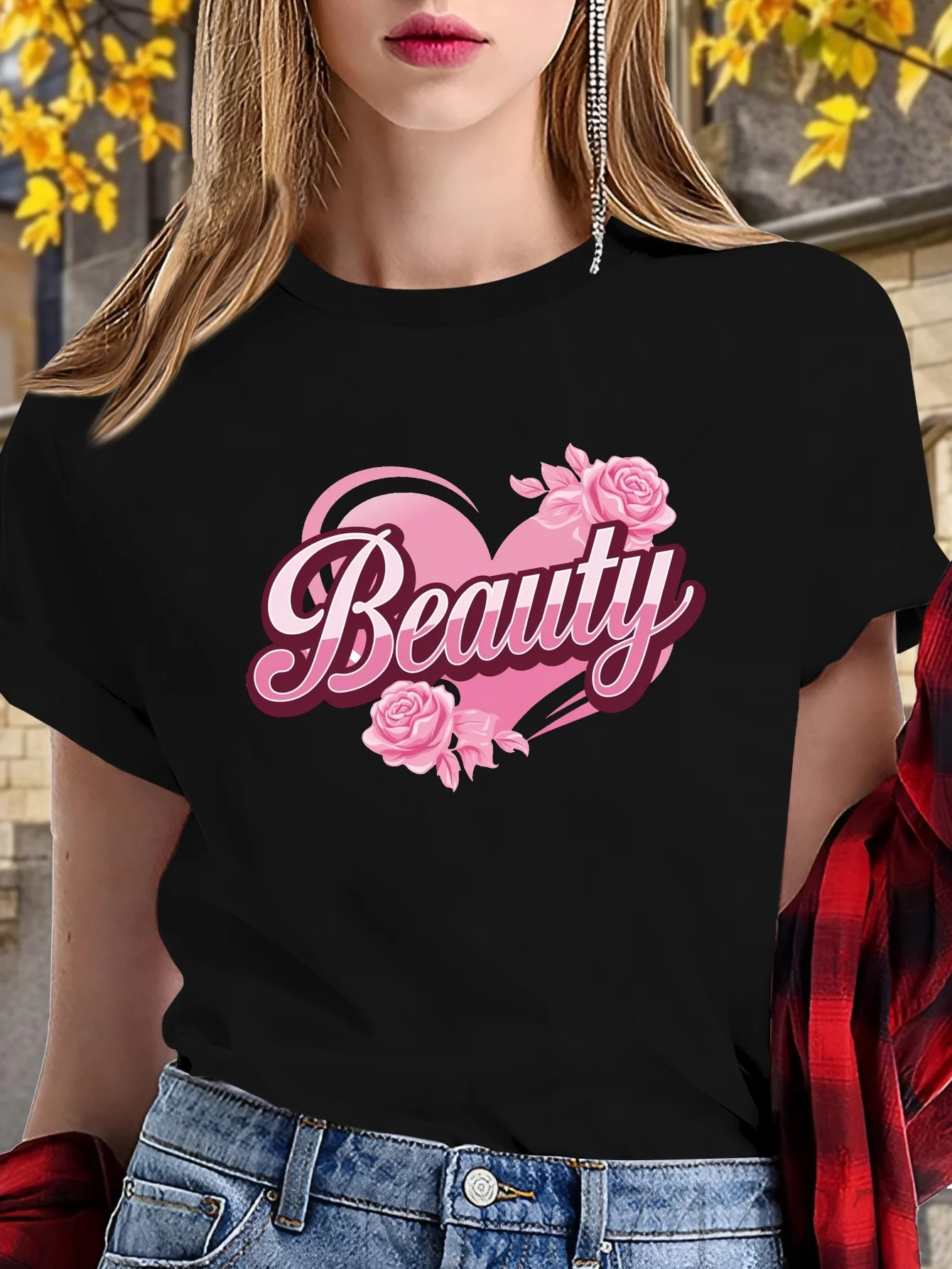 

Women's Casual Short Sleeve T-Shirt with Beauty Logo Pink Rose Design Harajuku Short Sleeve Casual Aesthetic Clothes Summer Tops