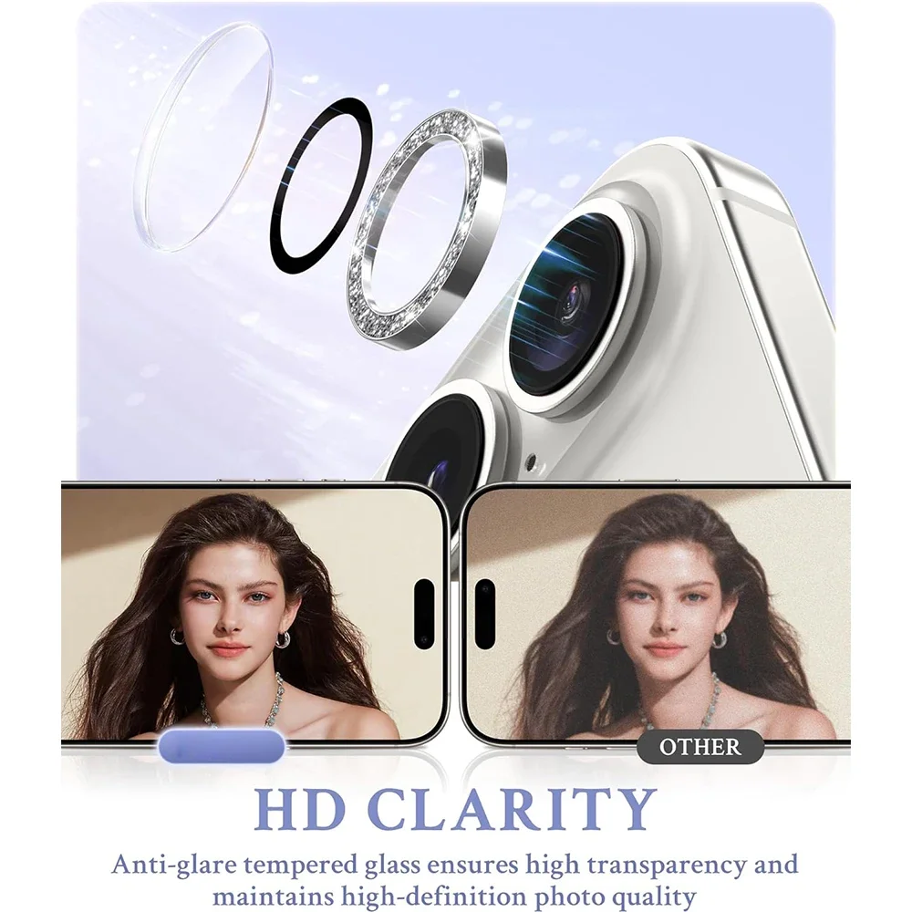 iPhone 17 Pro Max、Air 16 Pro Max、15 Plus、iPhone 16Plus、14、15、16ProMax用グリッターカメラレンズプロテクターカバー、スマホ保護
