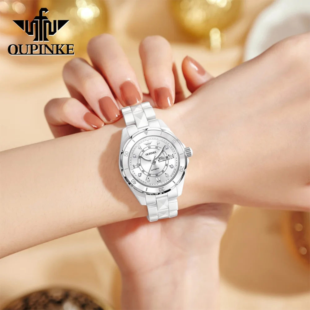 OUPINKE 3301 Brand original authentic watch for woman GiftBox All ceramic double calendar mechanical women's watch