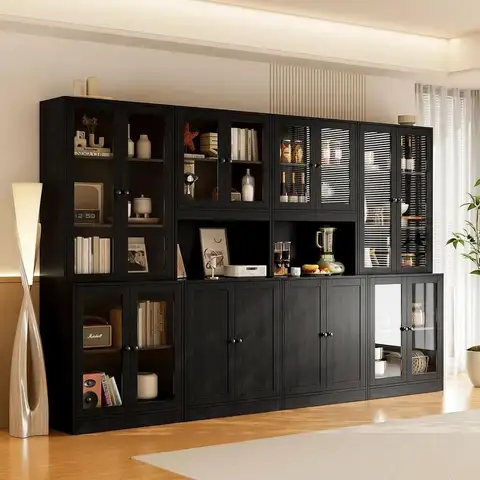 Black 71 Tall Kitchen Pantry Cabinet with Glass Door for Dining & Living Room Storage