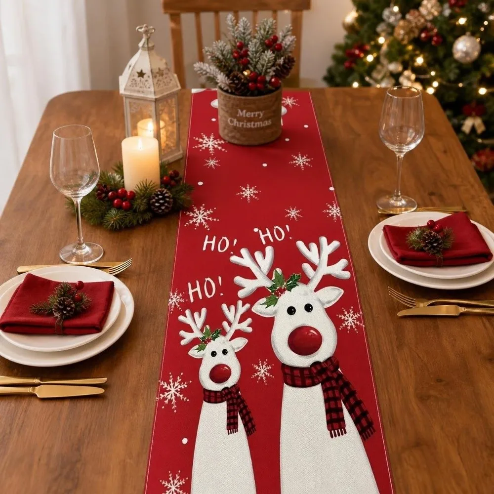 Santa Snowman Christmas Table Runner Tabletop Decoration Flower Xmas Table Flag Vintage Reindeer Poinsettia Table Runner Parties