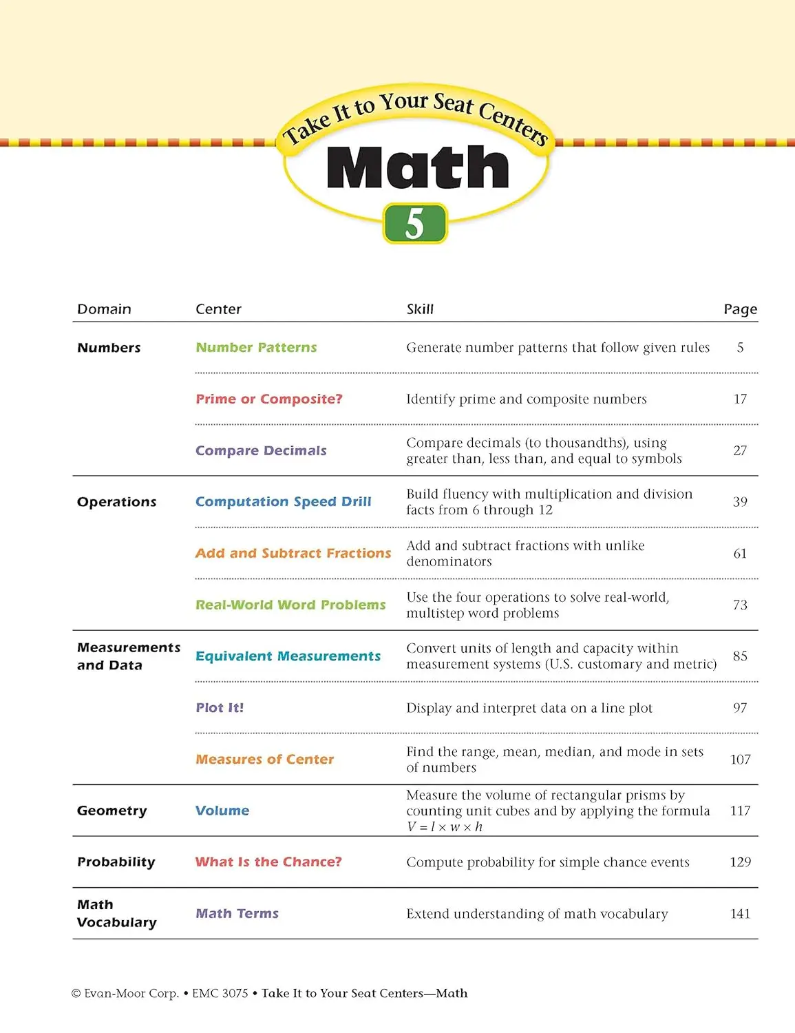 Evan-Moor  Take It to Your Seat Common Core Math Centers, Grade 5 Workbook,aged 9 10 11 12, English book 9781609637842