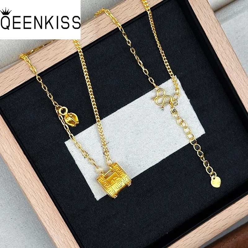

QEENKISS Gold Vintage FU Lock Necklace Pendants For Women Wedding Party Birthday Christmas Bride Mother Girl Ladies Gifts PT5208
