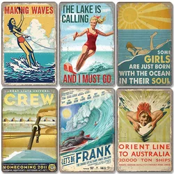 Vintage Surfing Plaques Metal Tin Signs Surfboard Beach Girls Waves Retro Metal Plate Wall Decor Surfing Club Living Room Home