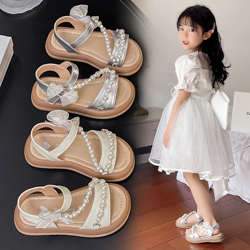 

2025 Bow Children's Sandals for Girls Shoes for Kids Sports Summer Soft Flat Heels Beach Princess Fashion Non-slip Beaded Shoes