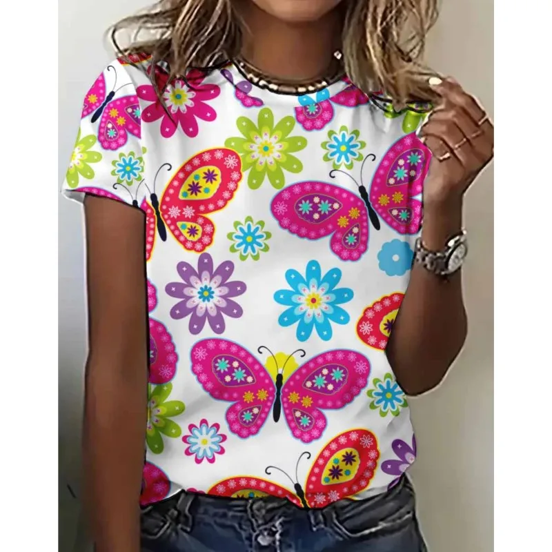 Camisetas con estampado de gato de manga corta y cuello redondo para mujer, Tops informales holgados con estampado de flores en 3D, verano 2024