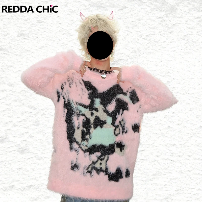 

REDDACHIC Men's Mohair Sweater Kpop Aesthetic Pattern Fluffy Long Sleeves Crew Neck Pullover Jumper Top Cutecore Y2k Clothes