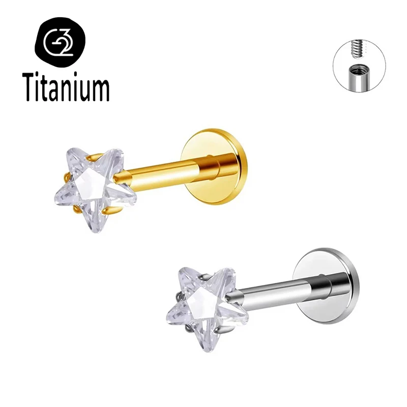 ASTM F136 G23 Titan 16G 18G Stern CZ Innengewinde Flat Back Labret Knorpel Tragus Helix Nasenstecker Piercing Lippenringe – Detail 5