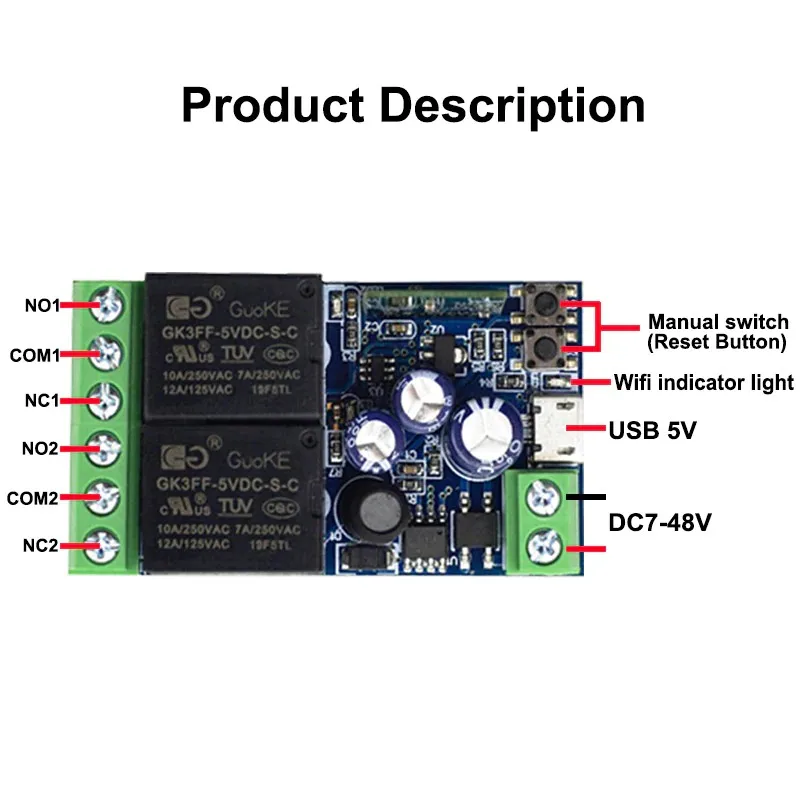 EWeLink WIFI Smart Switch DC 12V 24V 48V Module 2 Channel Relay Receiver 2.4GHz Remote Control Work with Alexa,for Gate Door Led