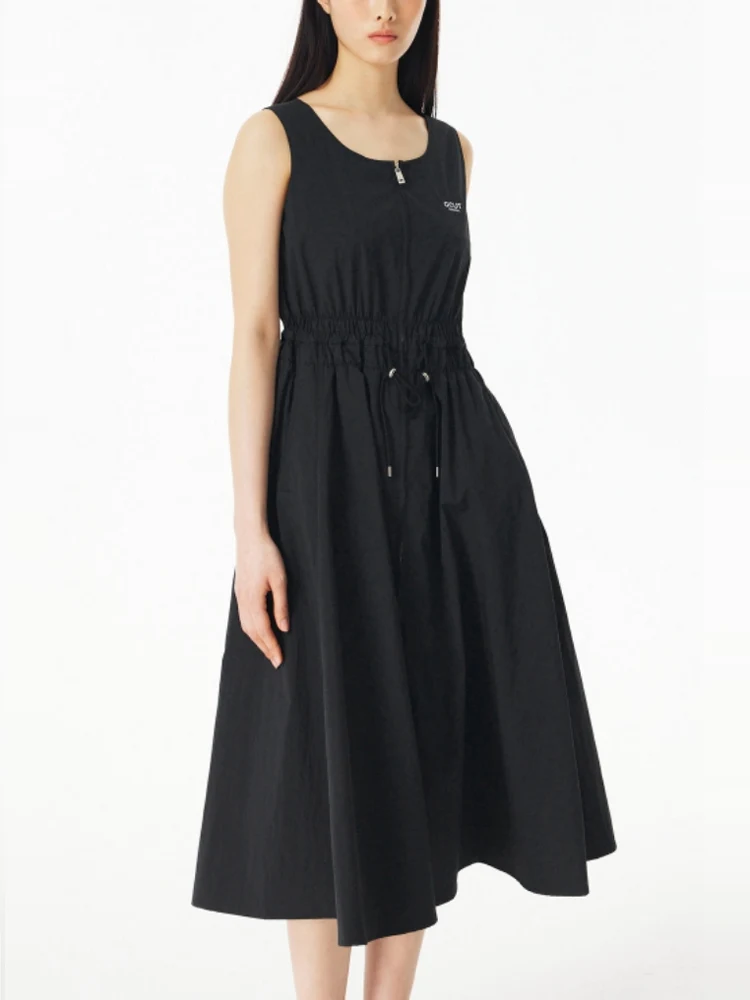 

2025 Summer New Korean Sle Casual Faion Slimming round Ne Svel Dstring Zipper Dr Mid-Length A-Line Skirt