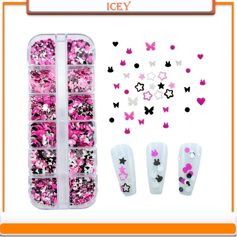 Icey Beauty 1set 12 Box Black and Pink Rabbit Heart Disc Nail Art Glitter Drip Glue Nail Art DIY Slime Filling Material