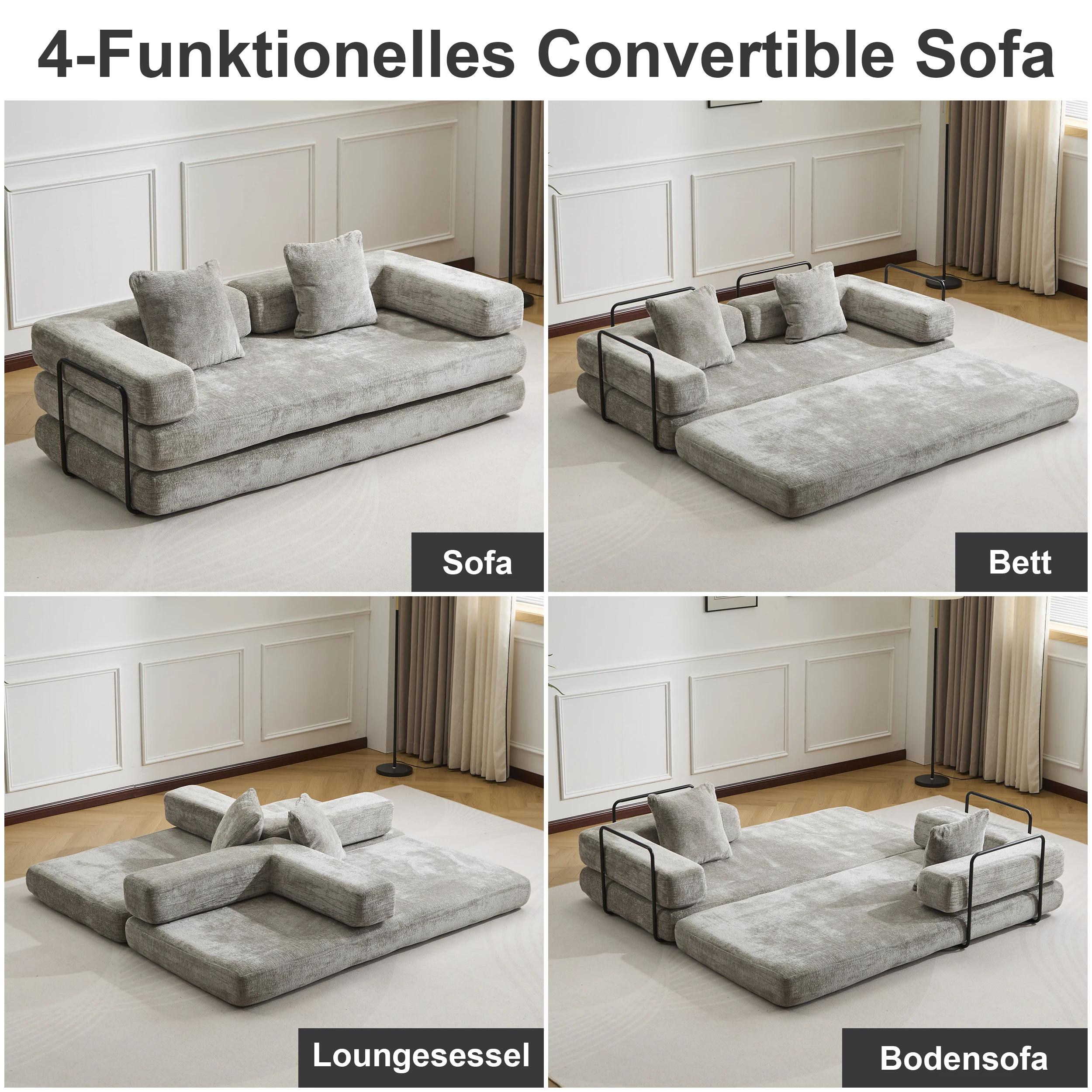 Sofá-cama compressível de chenille cinza claro, 3 em 1, sem necessidade de montagem, sofá de chão dobrável, sofá de loveseat macio para sala de estar