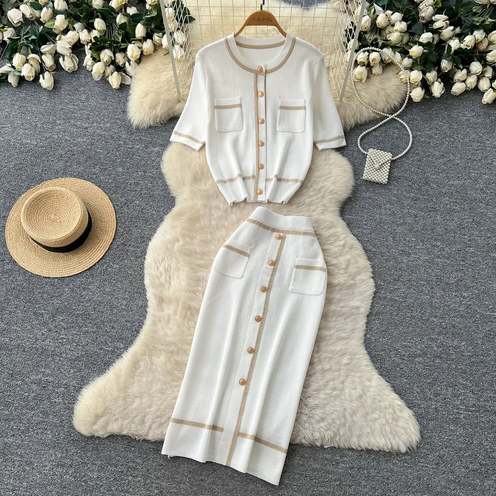 

Women Two Piece Sets Skirt Set Round Neck Short Sleeve Knit Tops Long Skirts A Line High Waist Y2k Streetwear Elegant Work 2026