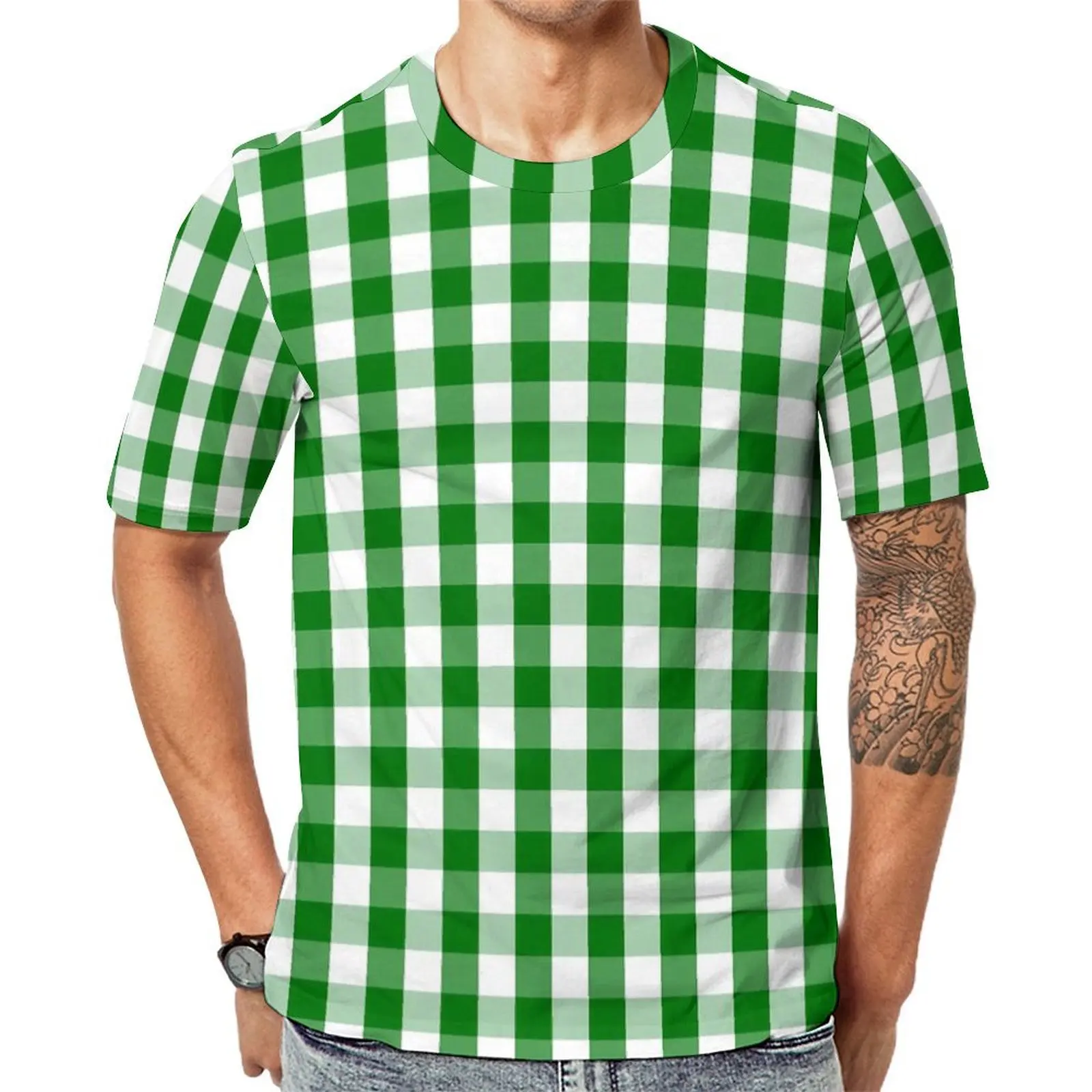Summer T-Shirt Christmas Gingham T-Shirts Green Check Plaid Aesthetic Trending Tees For Man Short Sleeve Plus Size Clothing