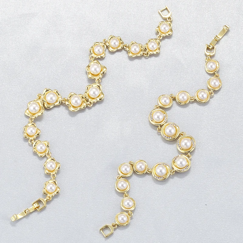 ZHUKOU Flower Round Imitation Pearls Elegant and Delicate Women's 18K Gold-Plated Brass Jewellery Bracelet：VL583 VL584