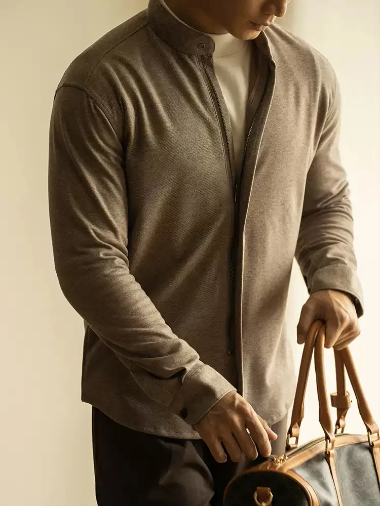 Thiened Warm Woolen Zipper Collar Long Sve Men's Casual irt Anti-Wrinkle Iron-Free Autumn Faion Series Stand Fit