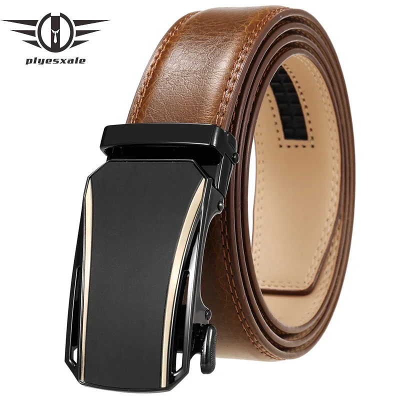 

Plyesxale Male Business Waist Belt Red Brown Black High Quality Cow Leather Ratchet Buckle Formal Style Mens Designer Belts B759