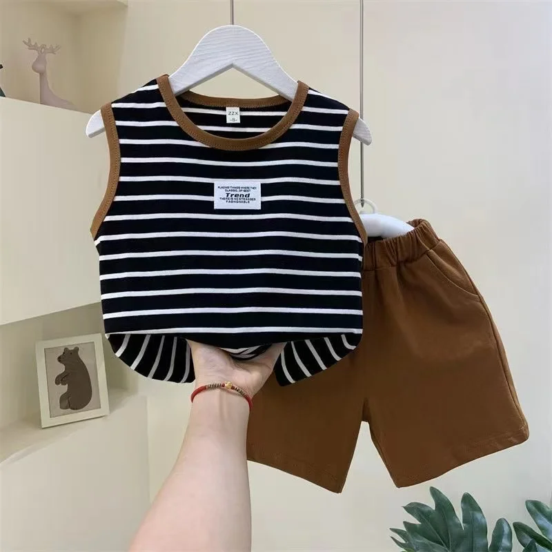 

Boys' Summer Vest Set New Western Style Baby Handsome and Fashionable Striped Top Children's Pi Shuai Sleeveless Two Piece Set