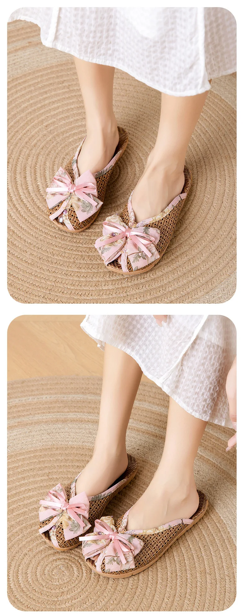 Rattan-Hausschuhe mit Fliege – niedliche Hausschuhe im koreanischen Stil, rutschfeste, atmungsaktive Innensandalen mit weicher Sohle für den Sommer – Detail 9