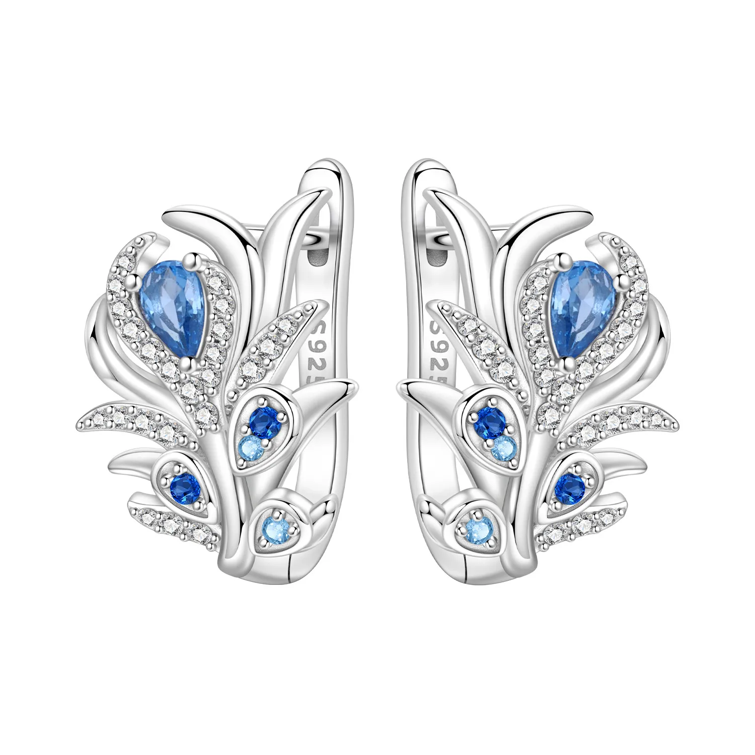 

PANPOKI 925 Sterling Silver Blue Zircon Lucky Feather Earrings Silver Hoop Earrings For Women Jewelry Original Party Gifts