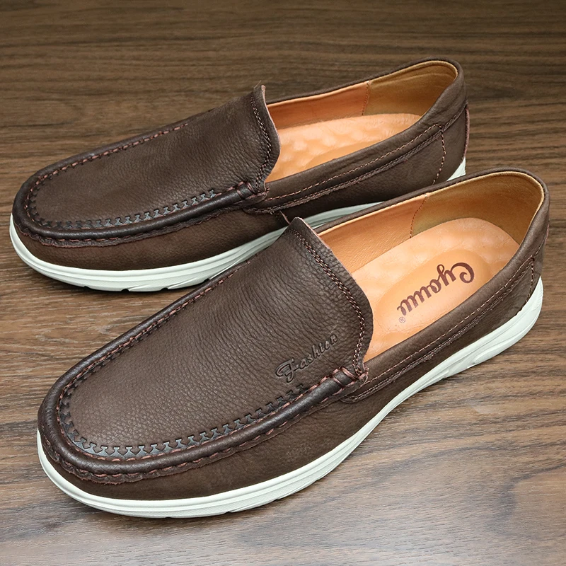 

Leather Loers Men's Casual oes Lightweight Genuine Leather Breathable Soft Leather Bot One-Step Middle-aged Dad oes