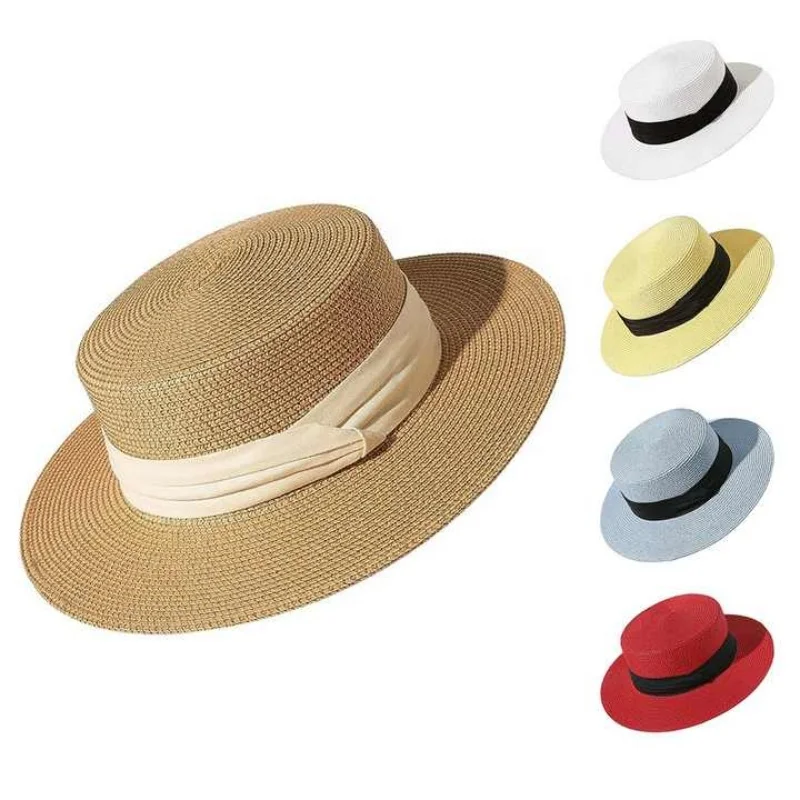 

Woman Summer Elegant Beach Straw Hat Classic Flat Bowknot Plain Chapeau Wide Brim Anti-UV Beach Sun Cap Panama