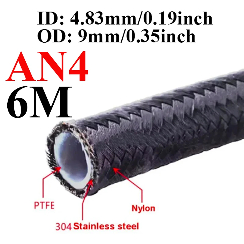 6M/20FT AN3 AN4 AN6 AN8 AN10 Zwarte brandstofslang olie gas koeler leiding pijp buis binnenkant PTFE nylon roestvrij staal dubbel gevlochten