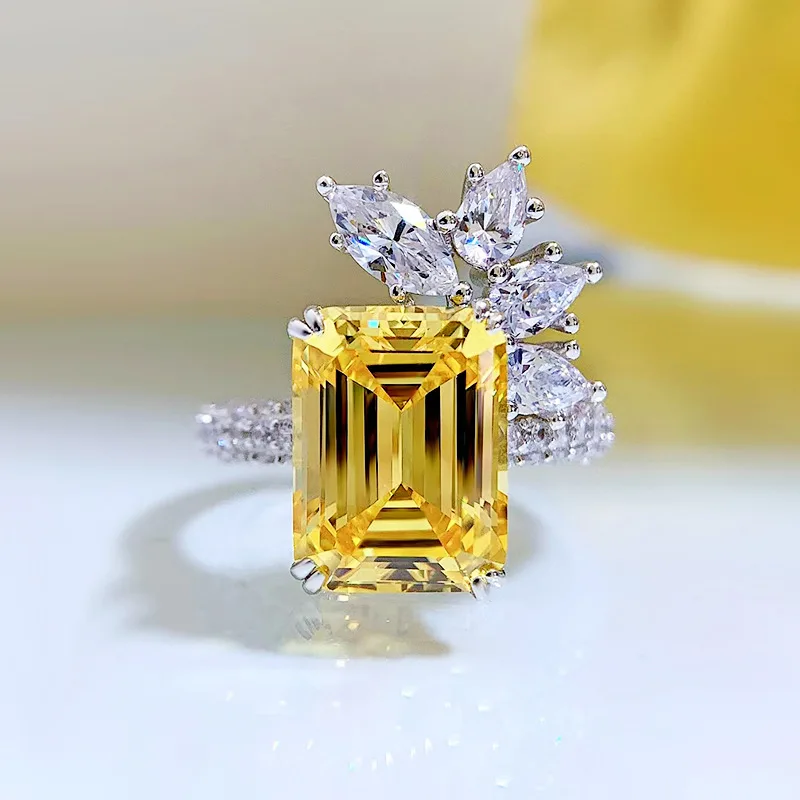 Shop 2023 New 925 Silver Rectangle Yellow Diamond 9 * 12 Ascite Diamond Ring border Ins from Europe and America