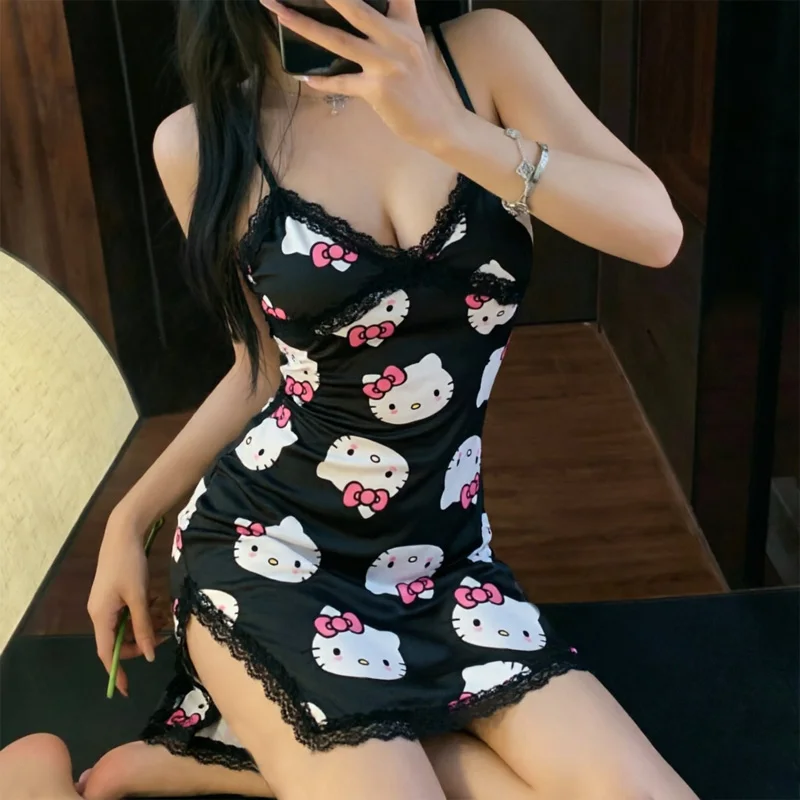 HelloKitty Sanrio Y2K Sleepwear Summer Sexy  Lace V-Neck Nightgown Sleeveless  Sleepwear Soft Lingerie Pajamas Home Clothes Gift - view 2