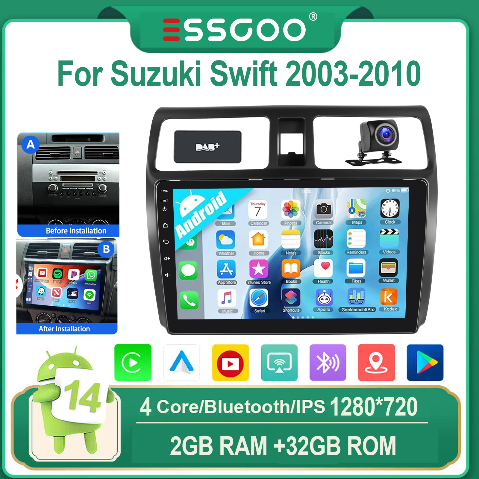ESSGOO Voor Suzuki Swift 2003-2010 Android 14 10" IPS Touchscreen Autoradio Draadloze CarPlay Android Auto WIFI GPS Bluetooth FM Mirror Link Stuurwielbediening 4-Core Multimedia Videospeler - afbeelding 1