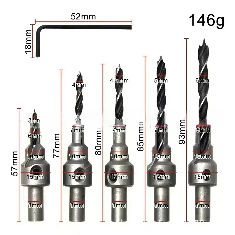 2-blade 3-step 3-pointed countersunk woodwork countersunk drill, woodworking drilling tool self centering cone drill,With wrench