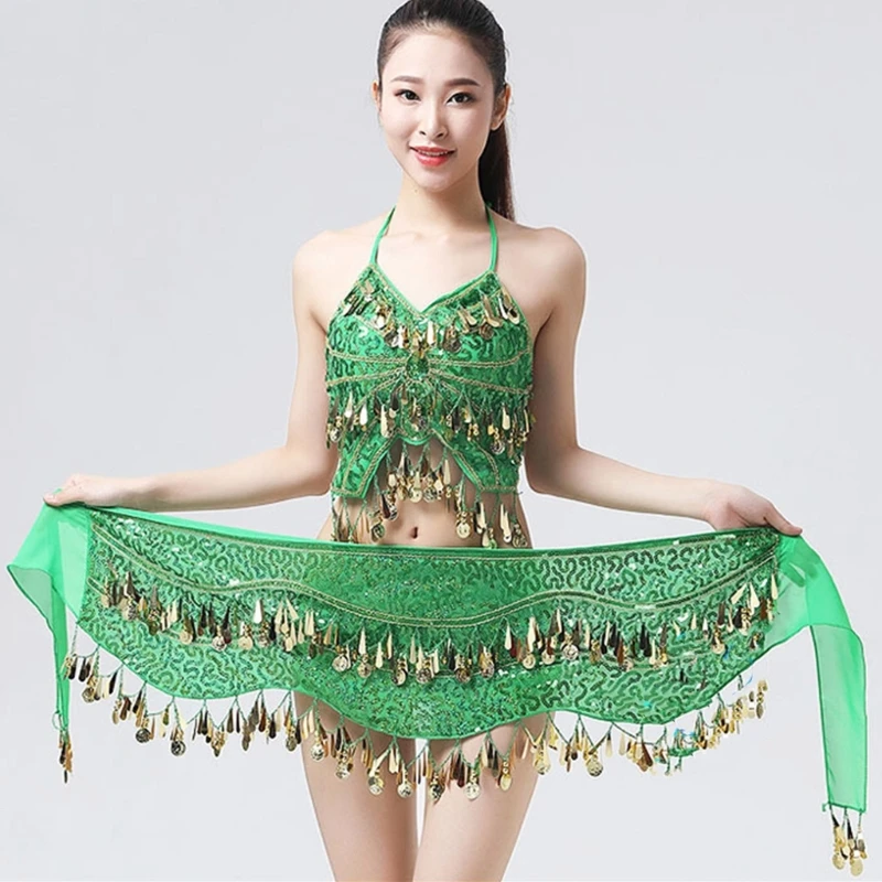 Women Bellydance Hip Scarf Skirts with Gold Belly Dance Belt Skirts Wrap