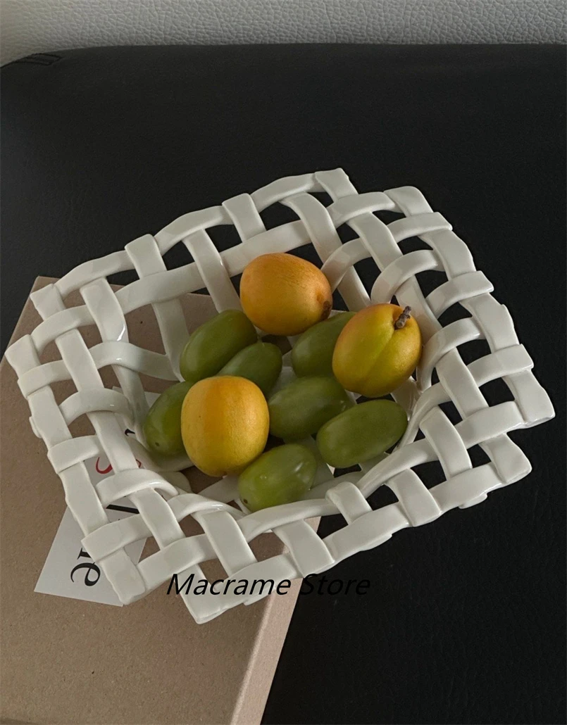 Ceramic Hand-woven Storage Basket, Kitchen Chopsticks Drain Rack, Desktop Decorative Snack Tray, Korean Style