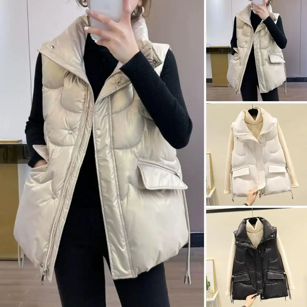 

Solid Color Winter Vest Elegant Shiny Women's Down Cotton Vest with Dual Pockets Stylish Winter Waistcoat for Casual Warm Autumn