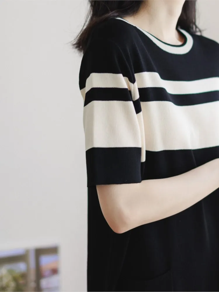 فستان نسائي صيفي مخطط بتصميم كلاسيكي جديد أنيق على الطراز الكوري مستقيم للشاطئ فضفاض متوسط الطول فساتين للسيدات غير رسمية #3