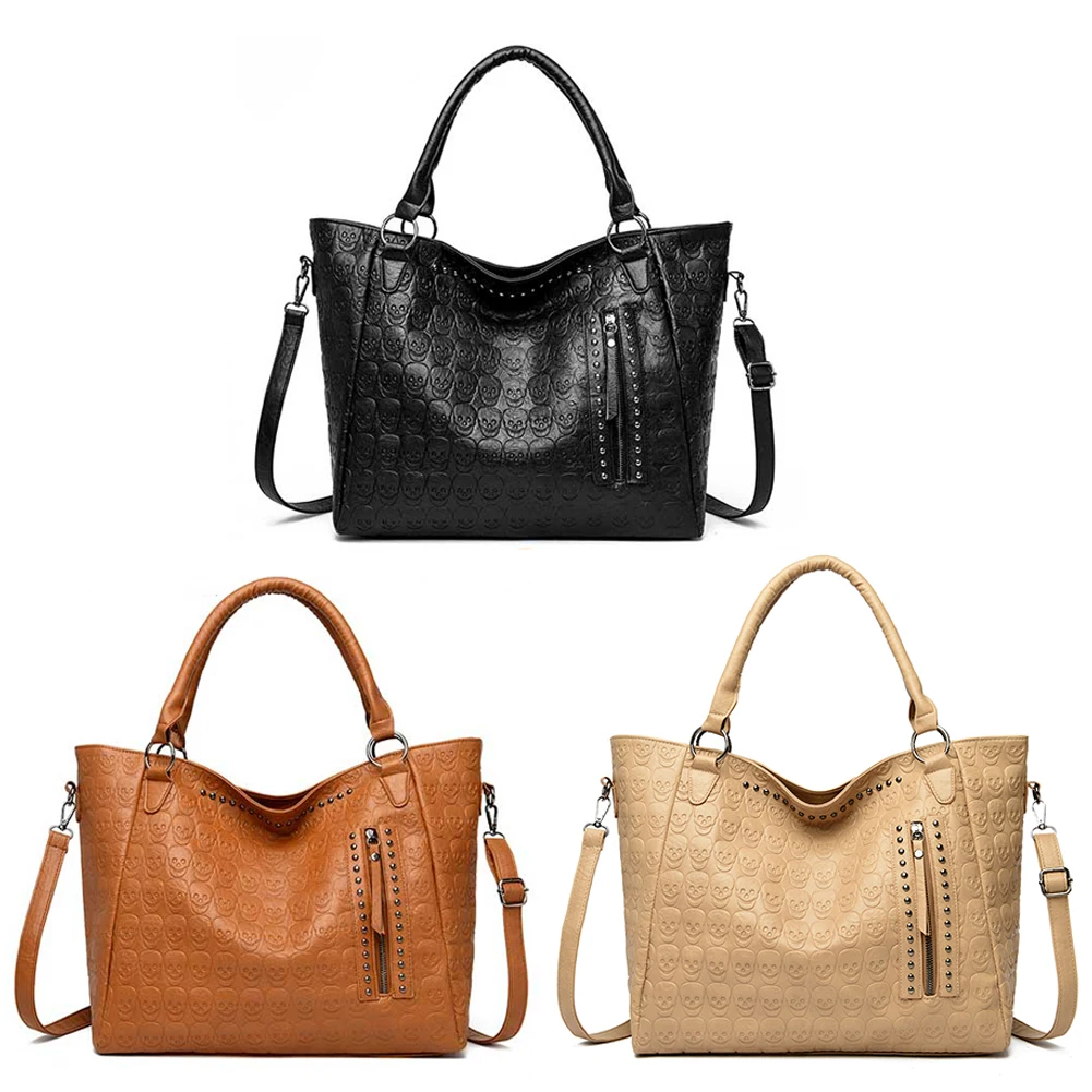 

Punk Skull Crossbody Bag PU Leather Studded Shoulder Bag Large Capacity Top Handle Bag for Women Work Shopping