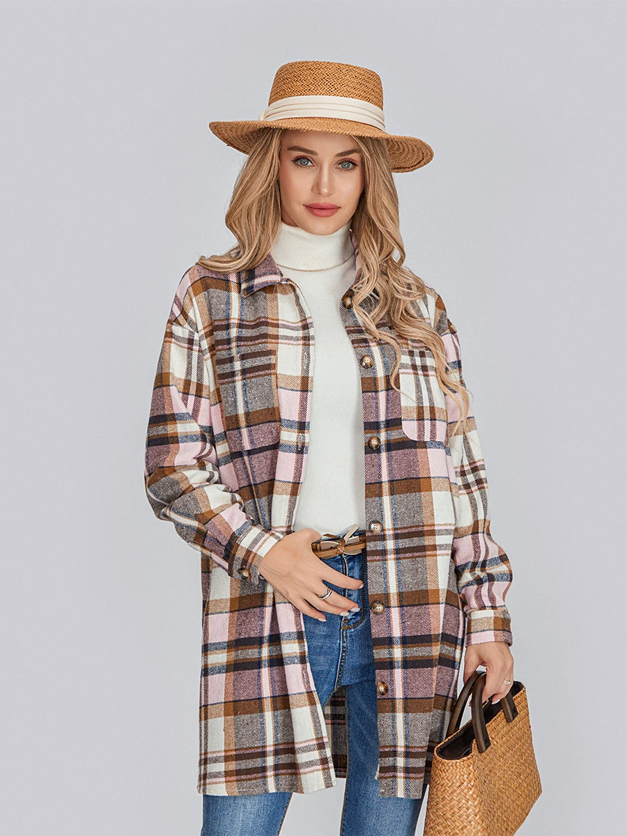 Casaco feminino de manga comprida com botão de lapela, flanela casual, outwear solto, estampa xadrez, rosa, cáqui, outono, inverno