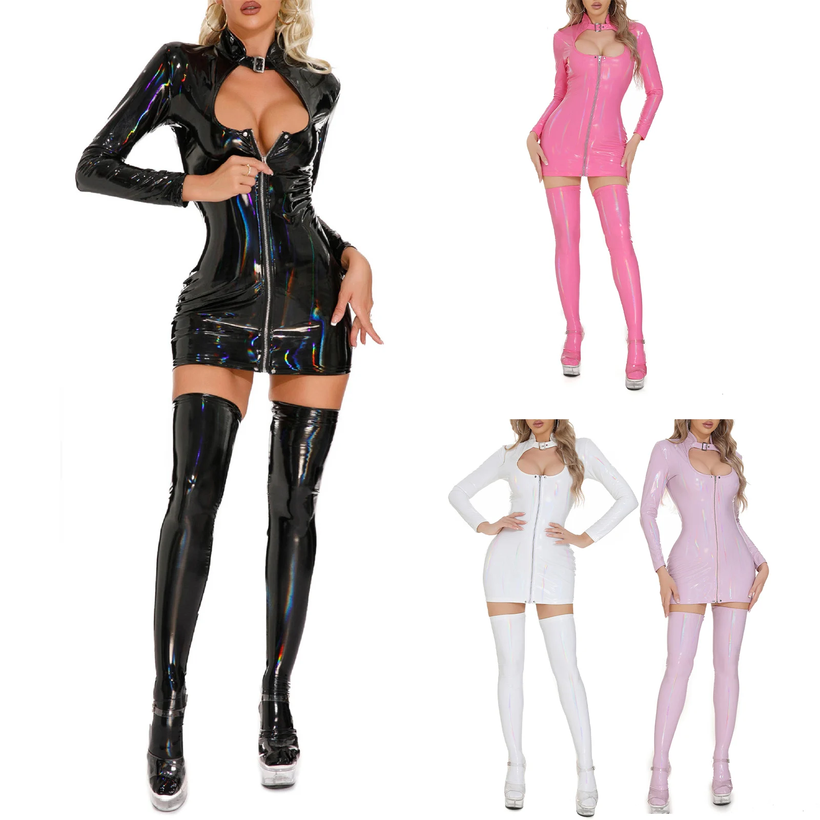 女性のためのセクシーなパテントレザーミニドレス,ウェットルック,伸縮性のあるタイトなカットドレス,ストッキングセット,ディスコ,レイブ,パーティー,クラブウェア