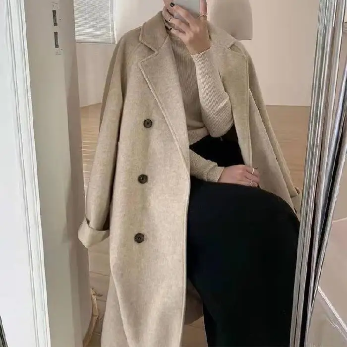 Blends Women Mid Length Wool Coats Splice Korean Jackets Turn Down Collar Full Sleeve Double Breasted Thick Autumn Winter