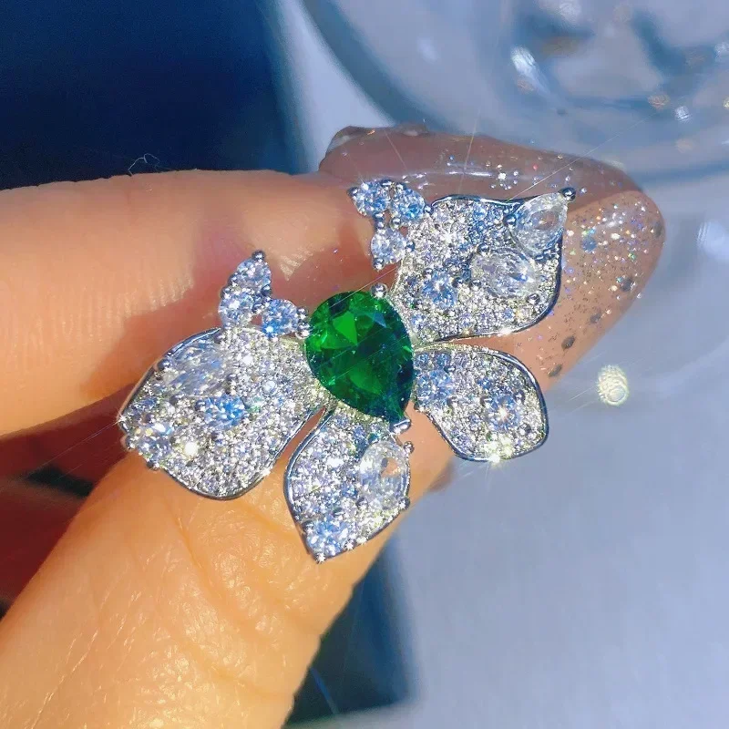 خاتم MDLFES Moiss1n Diamond Style Vintage Green Sparkle Princess الوردي مطلي بالذهب عيار 18 قيراط
