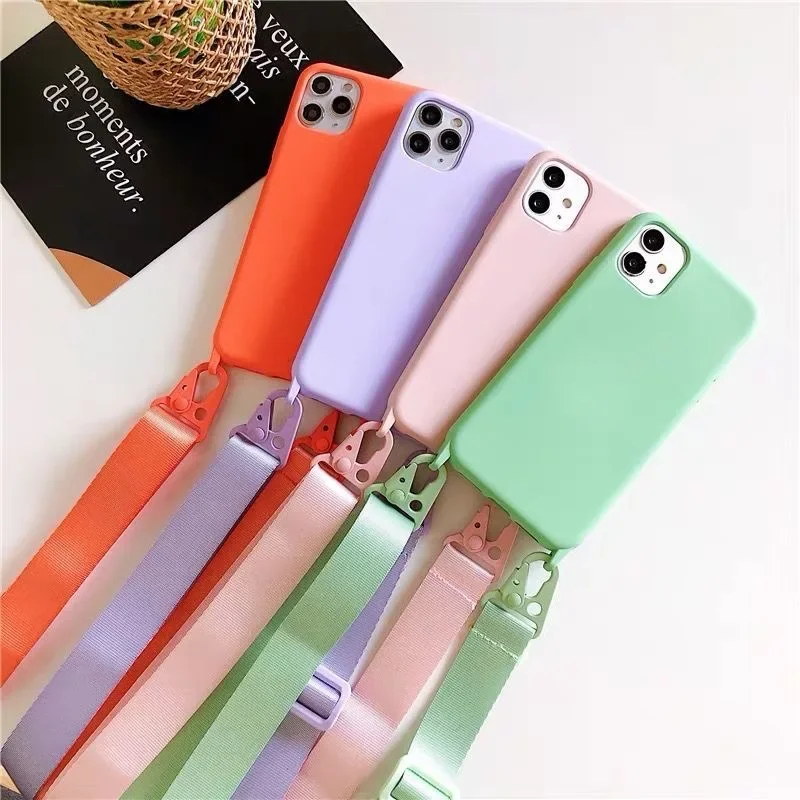 

2025 Crossbody Strap Lanyard Silicone Phone Case For iPhone 16 15 14 13 12 Mini 11 Pro Max Plus Candy Color Soft TPU Back Cover